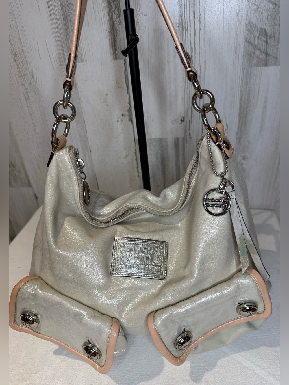 Coach Poppy Sparkle Leather Double Pocket Hobo Bag *has callouts 14555